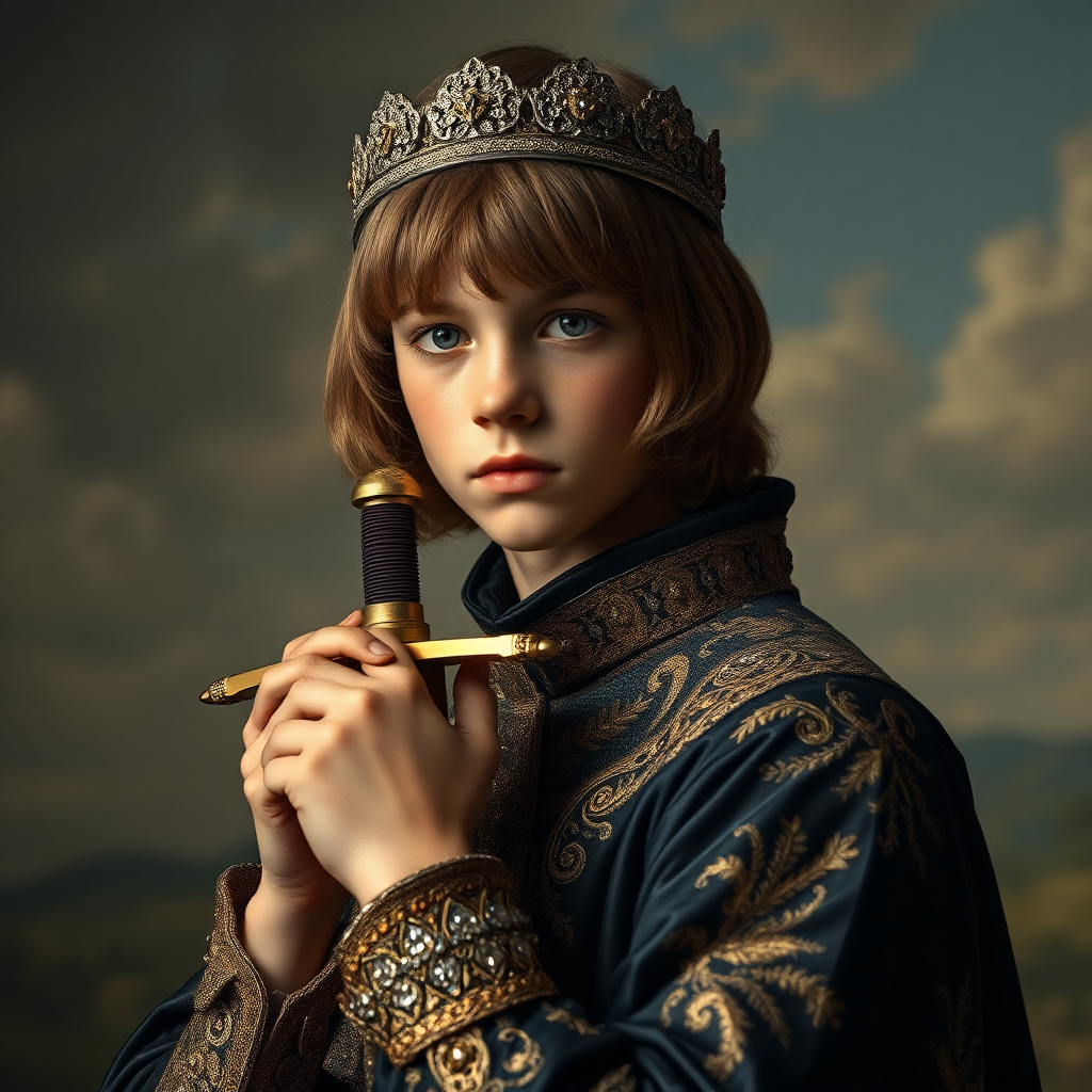 16yo teen boy prince holds his sword in his hand by the hilt, long bob cut, embroidered with gold and diamonds medieval cloths, diamond diadem, and Beautiful War, natural Skin Texture, visualization of embossed Skin using the play of light and shadow. Free style by 50% Adolphe William Bouguereau and 15% Sandro Botticelli and 35% Otto Lomüller, The background is in the style of landscape style by Antonio del Polaiolo. Studio lighting, professional lighting. Generating the signature at the bottom: FluxBach. ultra high resolution, 16K,