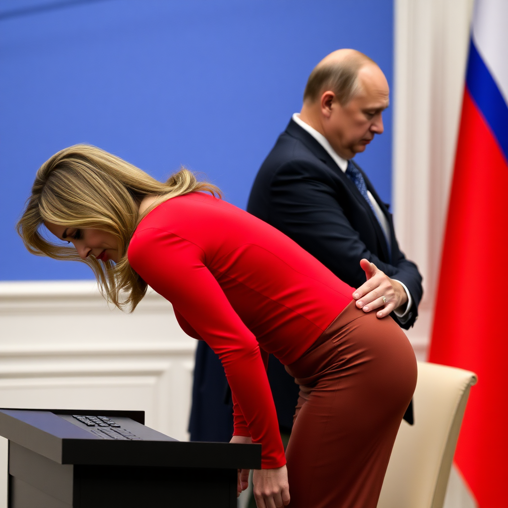 Melania Trump wearing tight red top, bending over small desk,  Vladimir Putin behind her betting her back with his hand.