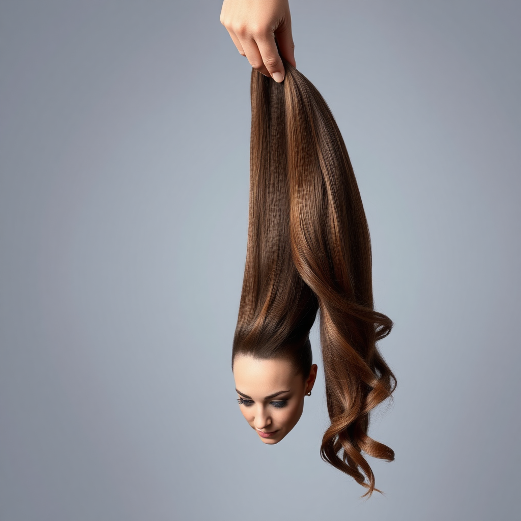 A surreal image of the beautiful disembodied head of a very long-haired Kate Middleton. A hand is grasping the ends of her hair at the top of the frame while her head is hanging down from the other end. Plain gray background.