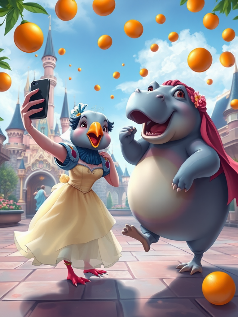 digital painting of a pigeon snow white princess taking a selfie in disneyland, a hippo-ariel dancing, oranges falling from the sky