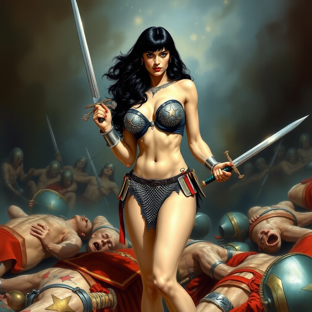 Vampirella wearing bikini chainmail. She carries a short sword and is surrounded by the bodies of fallen soldiers. Painting style of Frank Frazetta.