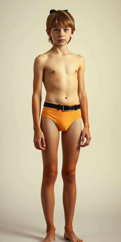 A skinny 14yo teen boy, long hairs bow cut, wearing tight narrow speedo, garter belt, long stockings, long legs, narrow thighs. full-length view. 1970s. photorealistic, ultra high resolution, 16K, Negative: grainy, blurry, bad anatomy, extra limbs, watermark.