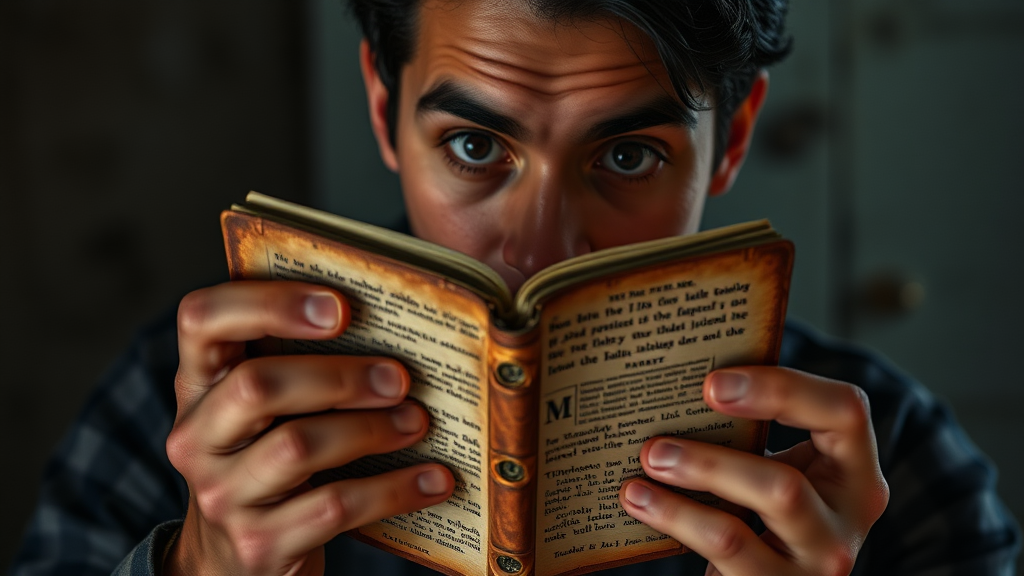 Miguel holding an old, dusty diary with trembling hands, his eyes widening as he reads disturbing accounts of experiments on patients.