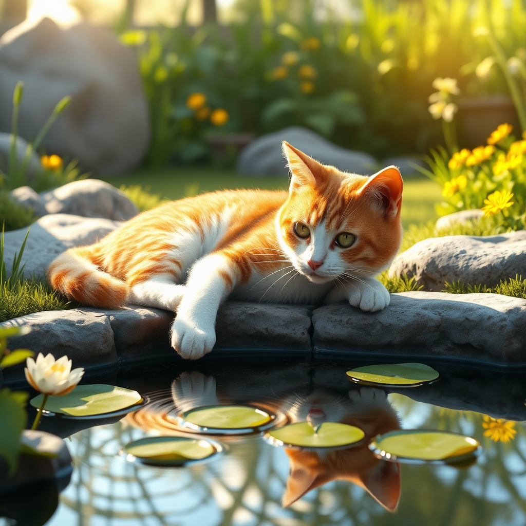 **Title:**  
**Serene Whiskers by the Pond**

---

**Artistic Vision:**  
Capture the tranquil beauty of a peaceful garden scene through the gentle presence of a ginger and white tabby cat. The artwork should evoke a sense of calm and serenity, highlighting the harmonious interaction between the cat and its natural surroundings. By blending soft lighting, intricate textures, and lifelike details, the piece aims to create an immersive and emotionally resonant experience that celebrates the quiet moments of nature.

---

**Main Description:**  
A ginger and white tabby cat with soft, lustrous fur lies lazily at the edge of a small garden pond. Extending its front paw, the cat gently touches the water's surface, sending delicate ripples across the stillness. Surrounding the pond are large, smooth rocks and patches of vibrant green grass, interspersed with leafy plants and blooming yellow flowers. Lily pads float gracefully on the pond, enhancing the tranquil ambiance of the garden. Sunlight filters through the surrounding trees, casting a warm, gentle glow over the cat and the serene natural landscape, creating a peaceful and harmonious atmosphere.

---

**Key Artistic Elements:**  
- **Chiaroscuro Lighting:** Implement a tranquil chiaroscuro effect to create a subtle interplay of light and shadow, enhancing depth and clarity.  
- **Soft Color Palette:** Utilize soft, delicate colors to infuse the artwork with subtlety and serenity.  
- **3D Volumetric Effects:** Incorporate 3D volumetric effects to add depth and spatial qualities to the scene.  
- **Hyper-Realistic Textures:** Apply hyper-realistic pencil sketch textures to capture intricate and lifelike details of the cat and surrounding elements.  
- **Cinematic Lighting:** Use warm, gentle lighting that mimics natural sunlight filtering through trees, highlighting key elements and adding a sense of realism.

---

**Technical Specifications:**

- **Resolution & Display:**
  - Render in stunning 64K UHD resolution.
  - Utilize a broad color spectrum with intricate detail, suitable for high-profile platforms like ArtStation and Behance.

- **Digital Art Techniques:**
  - Use advanced tools such as Corel Painter, ZBrush, and Adobe Photoshop.
  - Achieve remarkable 3D volume, exquisite shading, and ultra-fine detailing.

- **Materials & Textures:**
  - Incorporate high-quality pigments, metallic flakes, and glass beads.
  - Ensure textures radiate vibrancy under light, especially in areas where sunlight interacts with surfaces.

- **Lighting & Depth:**
  - Implement a tranquil chiaroscuro effect with a subtle interplay of light and shadow.
  - Enhance depth and clarity using soft, delicate colors and nuanced shades of grey, black, and white.
  - Create a lifelike realism through the subtle interplay of natural light.

- **Rendering Quality:**
  - Employ advanced rendering techniques and 3D volumetric effects for unparalleled detail and sharpness.
  - Include a hyper-realistic pencil sketch texture for intricate details.

- **Composition & Focus:**
  - Emphasize gentle, lifelike depth and striking details with a cinematic close-up approach.
  - Use a balanced f/11 aperture and a raw photographic style.
  - Apply advanced v6 enhancements to render vivid colors and minute details with exceptional realism.

- **Overall Harmony:**
  - Achieve maximum harmony across all elements, resulting in a balanced and cohesive composition that captivates both technically and emotionally.

---

**Additional Elements to Include:**  
- **Advanced Rendering Techniques:** Utilize cutting-edge digital art tools for superior detail and realism.  
- **Subtle Interplay of Light and Shadow:** Enhance lifelike realism through nuanced lighting effects.  
- **Gentle, Lifelike Depth:** Add depth to the composition to amplify the overall emotional impact.