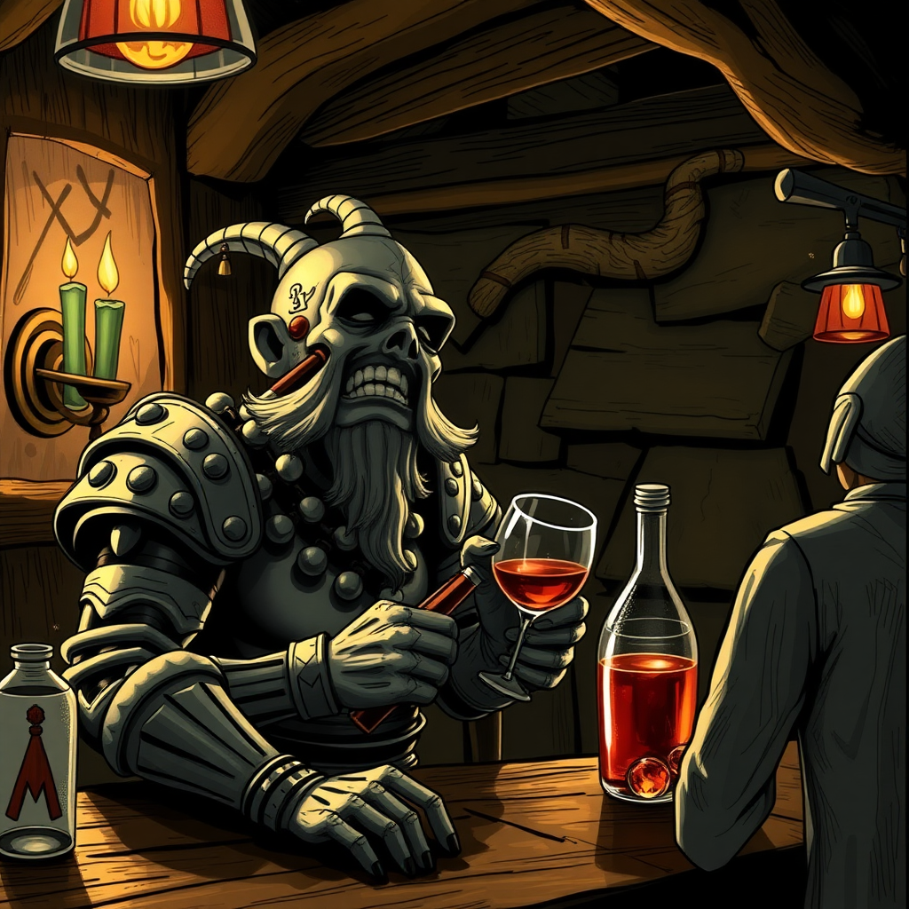 A kobald with a bottle laughing at something to the right while inside a tavern