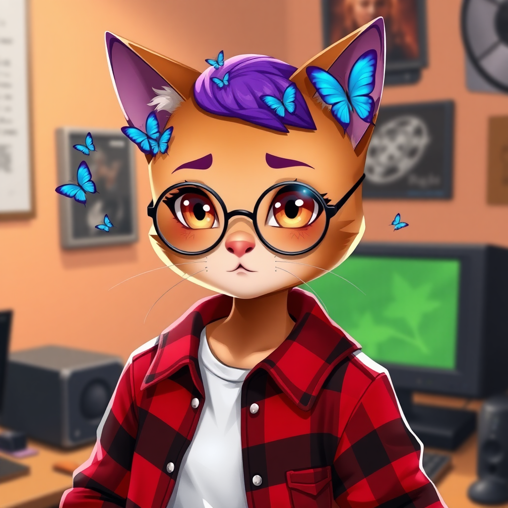 female cat-man without breasts/flat chest serious chestnut color with small blue butterflies on her head, a round head with a purple UNDERCUT hairstyle, hazel eyes, dimples on her cheeks, chubby cheeks, with semi-round glasses, a red and black plaid shirt open over a white t-shirt, in front of a desk with a gaming PC, in digital art