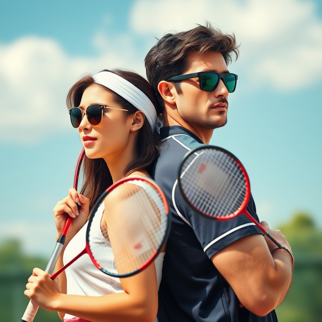 A man and a woman back to back, both wearing sunglasses  both holding badminton racquets, sports epic movie poster