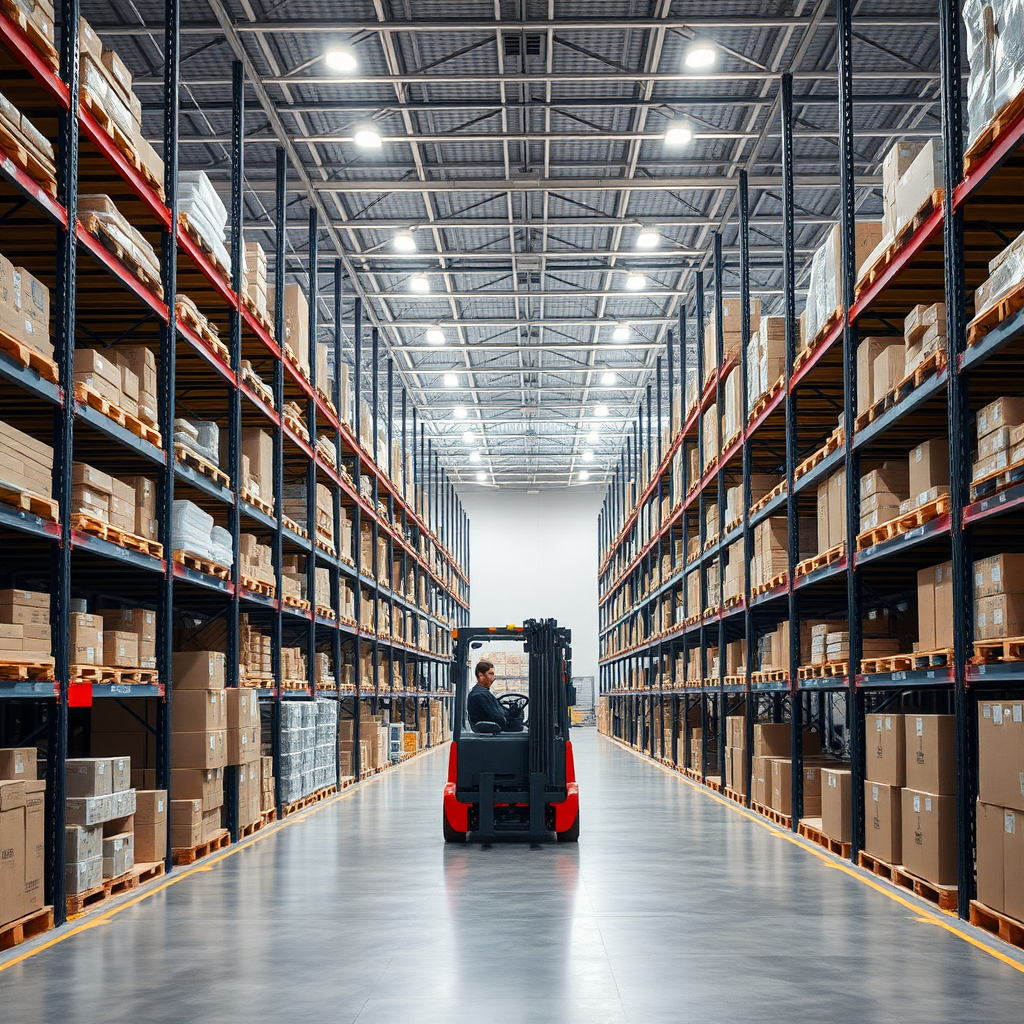 Create a high-resolution photo of a modern warehouse interior. The scene should include tall shelves filled with various boxes and products, a spacious layout with clear pathways, and bright overhead lighting. Include a forklift without an operator and partially open gate. The overall atmosphere should convey efficiency and organization, with a clean and professional look. No text, no humans.