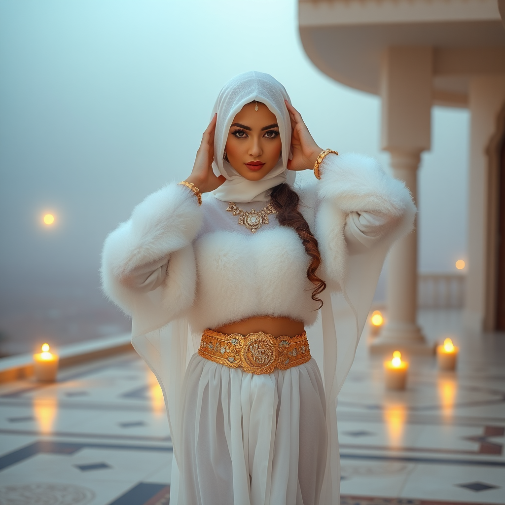 Kuwait desert palace harem patio misty dawn: Melissa, European 17 years old very convincing femboy “trophy-bimbo”, tamed servile docile, very beautiful feminine flawless face, rather short, by hormones very curvaceous womanly figured, heavily made-up eyes, wearing Supertanya-style fluffy very fuzzy bright white angora turtleneck-poncho cropped ending under bust decorated with pearls and gemstones, striking oriental wide gold bridal protection belt, white fully transparent harem pants, full Oriental bridal jewelry, face covered by white sheer full Burka, coin anklets, striking diamond “$$$” letter brooch on left chest, pout frustrated, seductively dancing hands over her head, looking at camera. Full view.