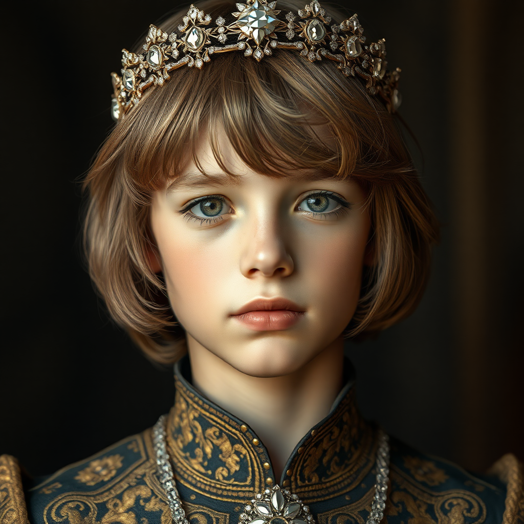 16yo teen boy prince, long bob cut, embroidered with gold and diamonds medieval cloths, diamond diadem. photorealistic, ultra high resolution, 16K,