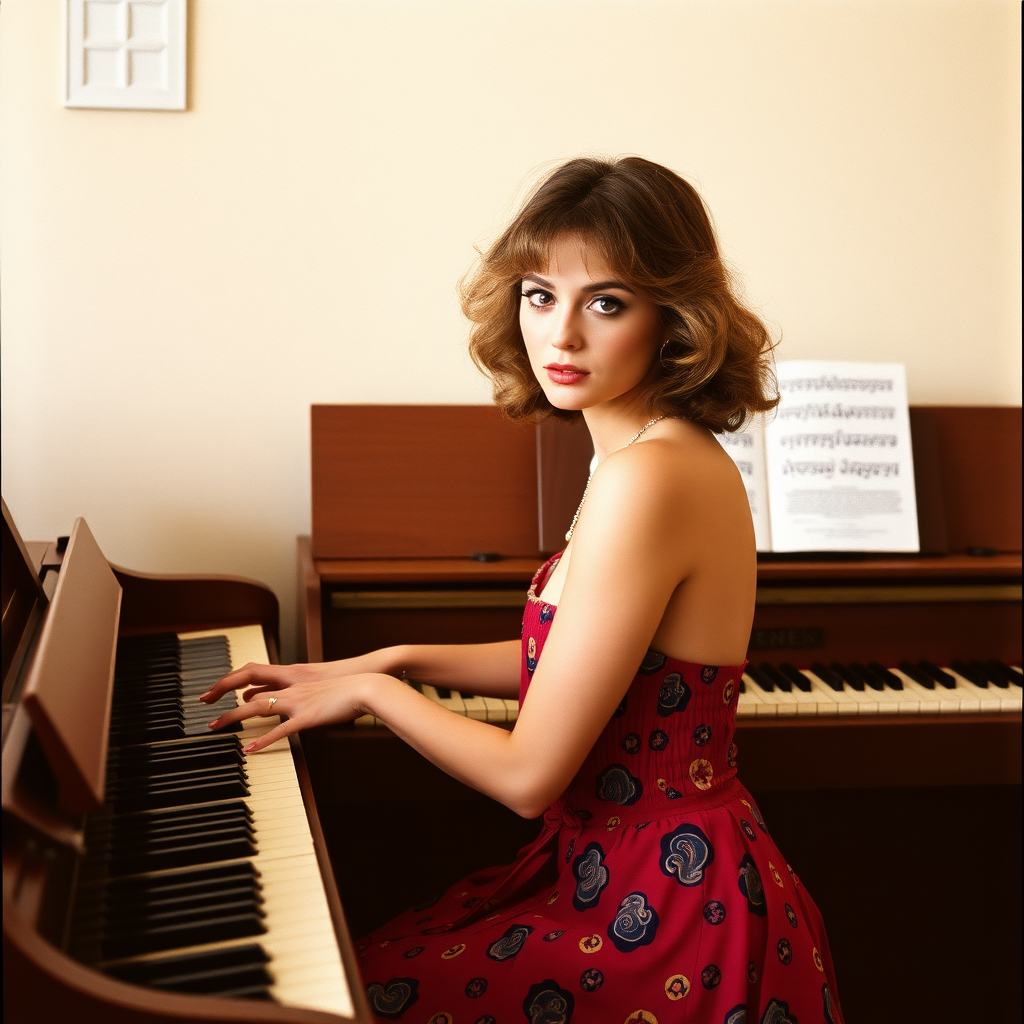 1980s woman piano photoshoot