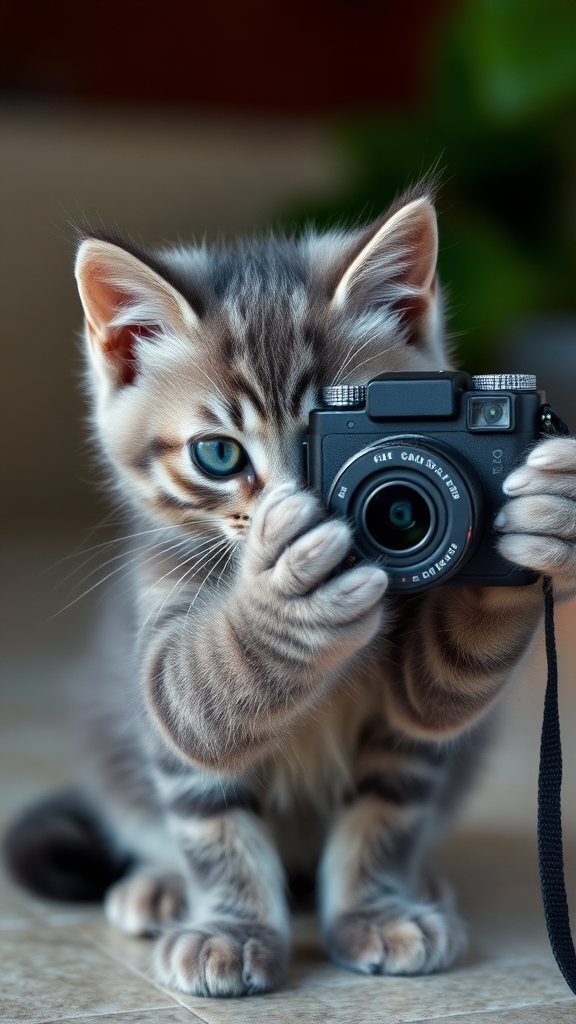 A gray kitten is taking pictures with a camera.