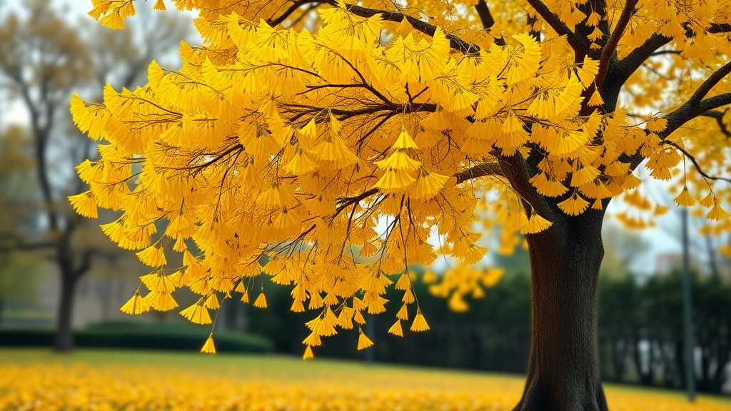 A realistic yellow ginkgo tree, with a large layout featuring a big yellow ginkgo tree on the right, leaves falling beneath, and the background expressed with out-of-focus effects.