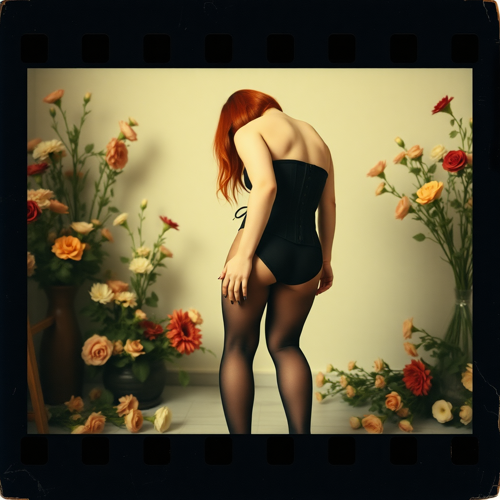 old polaroid photo depicting a sexy curvy alt goth girl with red hair wearing an underbust corset and black stockings bending over all the way to pick something up on the floor facing away from viewer with thong panties visible underneath standing in a photography studio filled with flowers