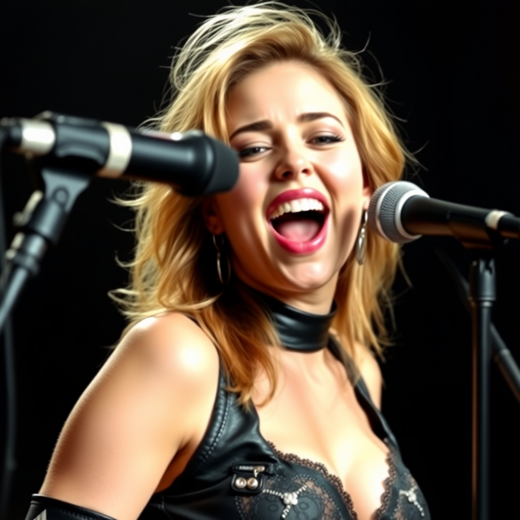 energetic beautiful woman, age 24, very very large breasts, black leather clothes, lace bra, singing in front of microphone stand, black background