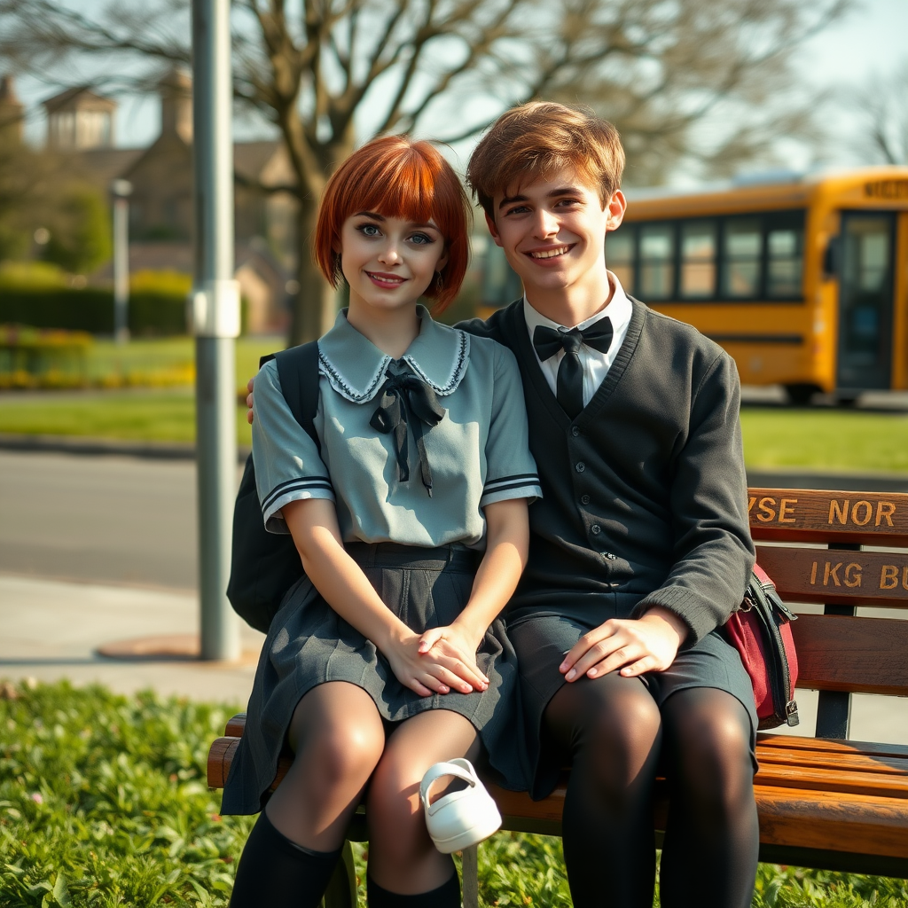 photorealistic, ultra high resolution, 16K, surreal fantasy, soft studio lighting, a pretty 18 year old goth male, slim male physique, auburn hair, goth makeup, earrings, shiny black pantyhose, UK girls-school uniform, Mary-Jane shoes, sitting on his boyfriend's lap on a bench waiting for the school bus, in daylight, excited smile, facing the camera.