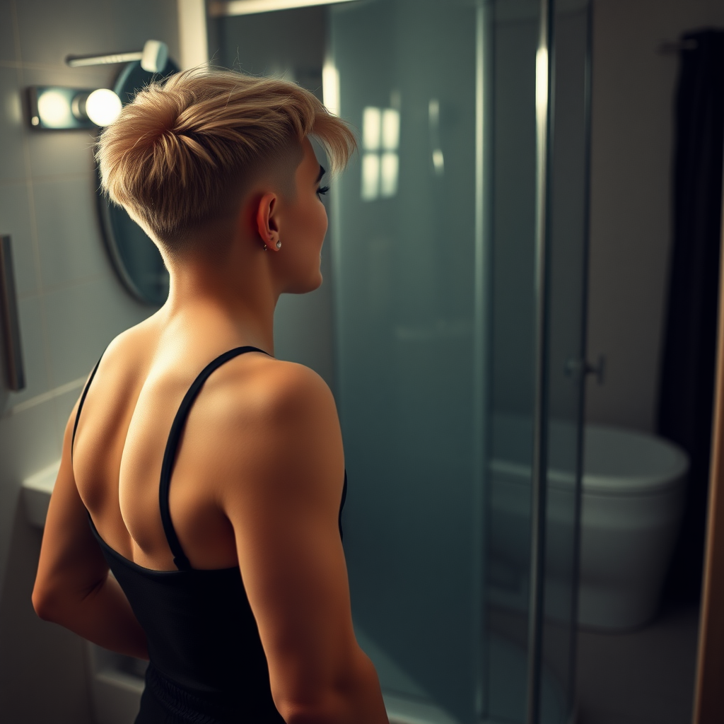 photorealistic, ultra high resolution, 16K, surreal fantasy, studio lighting, a 35 year old mother who is fully dressed for work is watching her pretty 16 year old goth son, slim male physique, short blonde hair, goth makeup, earrings, pantyhose, white ballet shoes, in the bathroom, excited smile, facing the camera.