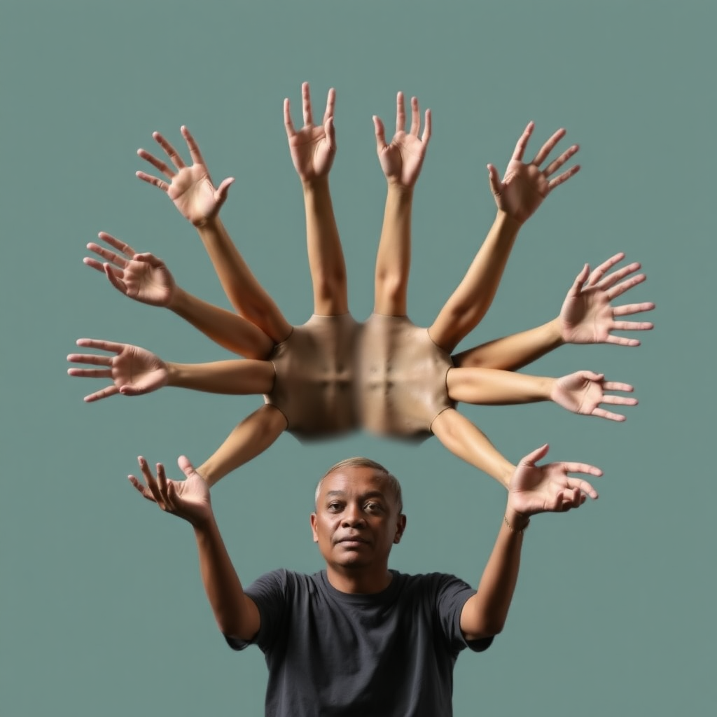 person with 15 hands, each hand with 10 fingers