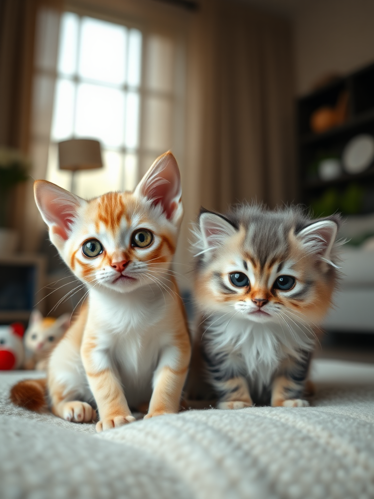 A highly realistic 4K image featuring two miniature cats from different breeds: a Singapura and a Munchkin. The Singapura cat is small, with a sleek, light beige coat and large, expressive eyes. Beside it, the Munchkin cat has short legs and a fluffy coat, with a mix of light grey and white fur. Both cats are sitting on a soft, cozy surface, with a warm and inviting room in the background, featuring subtle lighting, a few cat toys, and a modern interior design. The texture of their fur and fine details like whiskers are captured with incredible realism.