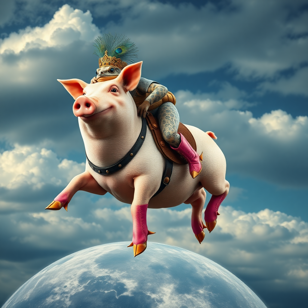 photorealistic pig with a wooden saddle galloping in the cloudy sky above the moon surface, the pig is mounted by a toad with blue eyes and a crown made of peacock feathers, the toad looks angrily, the pig smiles stupidly, the toad wears pink riding boots with spurs that pierce the pig's skin,