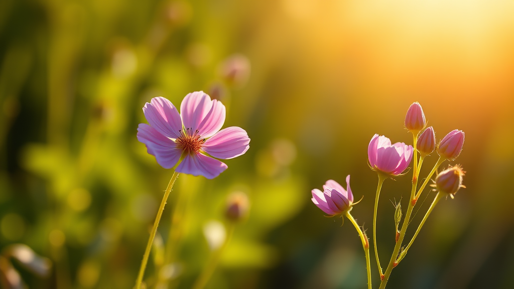 Create an image that looks like a photograph, featuring beautiful wildflowers in bloom. There are five flower buds arranged naturally to the side, with the background out of focus and sunlight shining naturally.