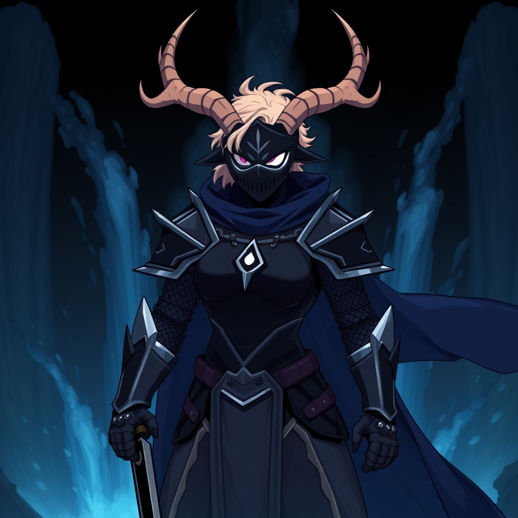 (Anime-pixel art) background of a massive dark blue-black-dark magic fountain erupting into the air, a fierce and violent knight stands poised for battle. She wears sleek, black knight armor, marked by a small white eye shaped symbol at its center, exuding an air of intimidation. Her face is obscured by a terrifying goat-like mask, with a single glowing white eye on the right, and another white eye symbol perched at the top of the mask, adding to her menacing presence.

The knight's imposing silhouette is accentuated by two large, dark-silver shoulder guards that gleam ominously in the darkness. Draped behind her is a flowing dark-blue cape that billows dramatically, hinting at her formidable power. Atop her head, two impressive deer antlers rise on each-side of head, further enhancing her fearsome appearance, while her short, tousled blonde hair peeks out from beneath the mask, she is holding in her right-hand a black knife-with black-dark magic meant to open dark fountains.

This is the Roaring Knight, known as Mayor Holiday from Deltarune, captured in a striking full-body view that highlights both her ferocity and enigmatic allure.