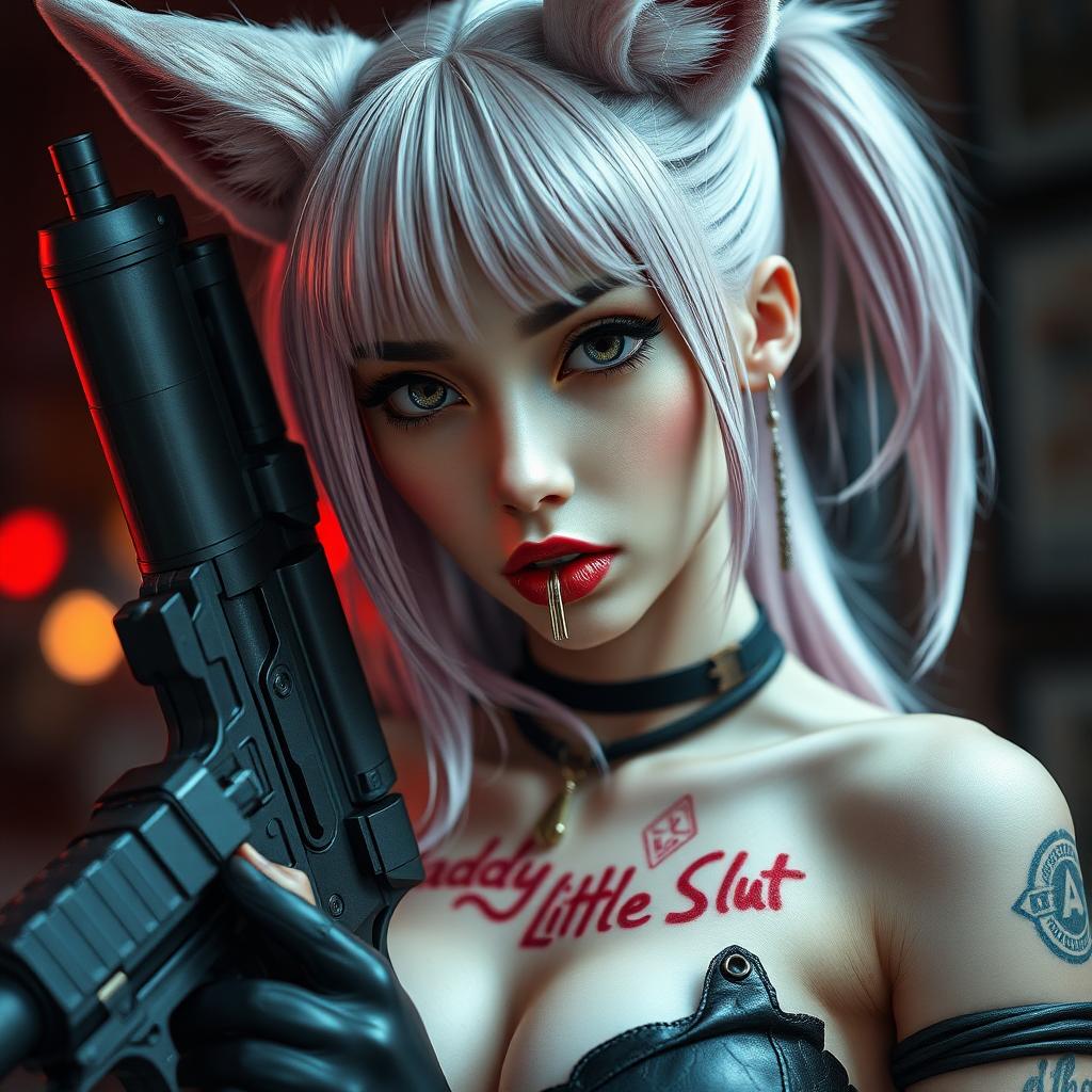 Real life photo of a cyberpunk waifu, she has “daddy’s little slut” written on her skin with lipstick. She is holding a big gun, she has fox ears, tiny metal nipple tassels.