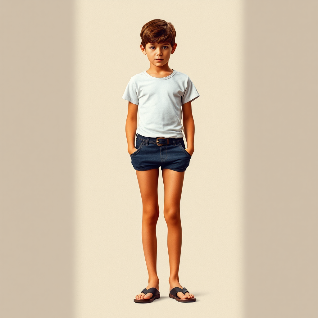 photorealistic, ultra high resolution, 16K. A tall skinny 12yo teen boy wearing t-shirt, tight booty shorts, sandals. Long legs, bare thighs, narrow hips. 1980s. Negative: grainy, blurry, bad anatomy, extra limbs, watermark.