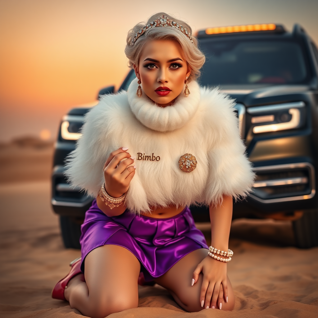 Kuwait desert dunes misty dawn, full size luxury SUV: Melissa, European 17 years old very convincing femboy “trophy-bimbo”, tamed servile docile, very beautiful feminine flawless face, rather short, by hormones very curvaceous womanly figured, platinum blond short tight curls, bold red lips, long white French nails, heavily made-up face, wearing Supertanya-style fluffy very fuzzy bright white angora turtleneck-poncho cropped ending under bust decorated with pearls and glass stones, very tight purple vinyl mini pleated skirt, bright red pumps with golden very high heels, white pearl belly piercing, full Oriental bridal jewelry including headpiece, nose-ring, coin wristlets, coin anklets, striking diamond “Bimbo” letter brooch on left chest, thick heavy pearl wristlets, pearl anklets, pout frustrated, kneeling in sand in front of SUV, looking at camera. Focus on face and turtleneck-poncho.