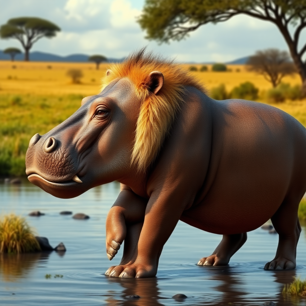 Create a full-length photorealistic image of a lion using the body of a hippo. Retain the lion's head and facial features, while altering the skin to match the hippo's proportions. Design a background that combines elements from the natural habitats of both animals, featuring a blend of savannah and riverbank scenery, with grasslands and water. Ensure the overall composition highlights the unique blend of these two magnificent creatures in a harmonious and realistic environment.