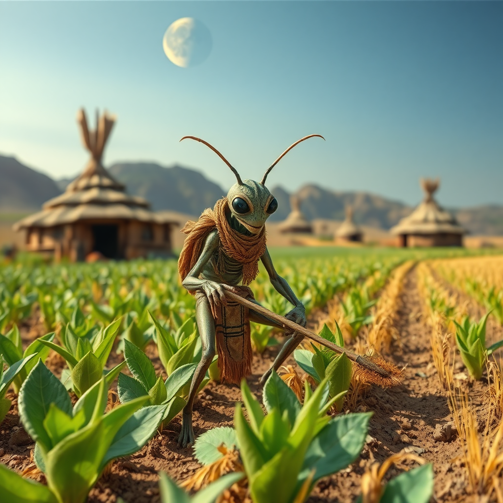 A humanoid insect alien in tribal clothing tilling a field of alien crops, alien huts in the background, ((two moons)) visible in the sky, low gravity.