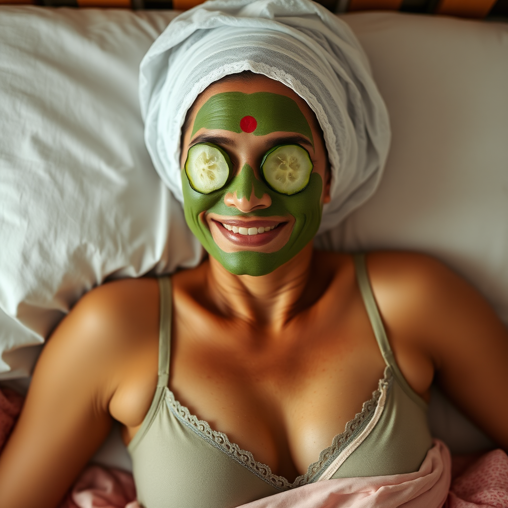 A skinny, traditional, 30-year-old Indian wife with hair covering, wearing a bra, lying on a bed. Her face is covered with a green face mask, and her eyes are covered with cucumber slices. She looks satisfied from her facial expression.