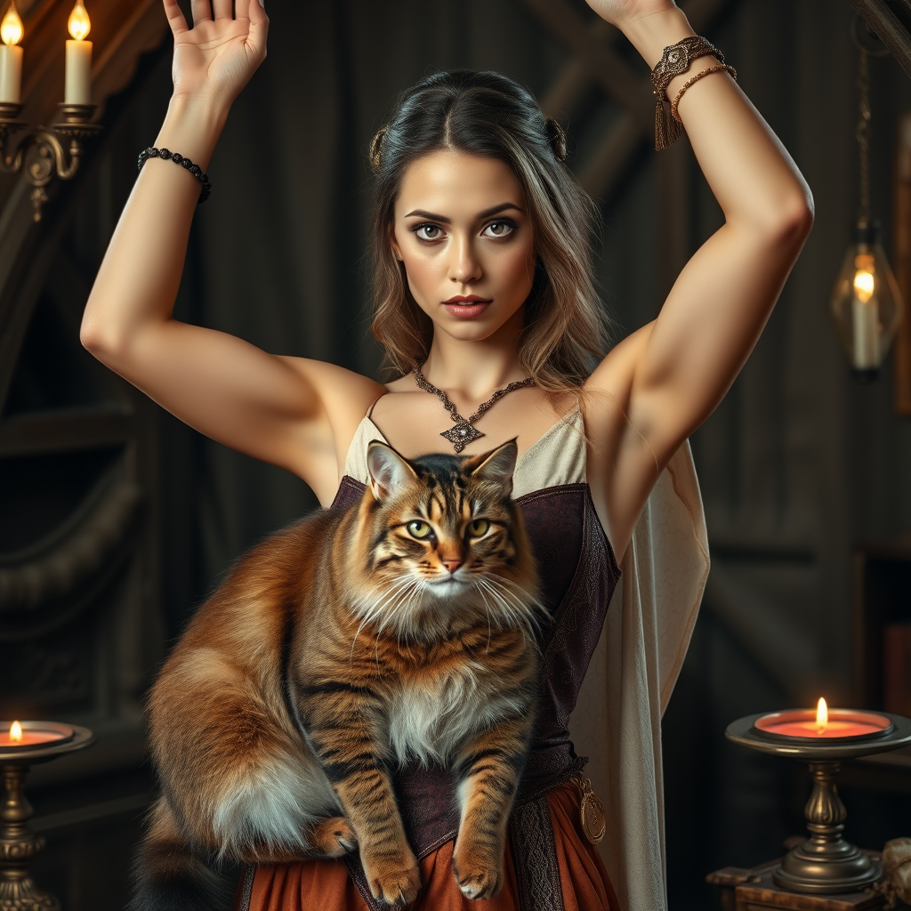 Imagine: A perfectly staged scene of sorcery and companionship filled with hundreds of little details. Within there is a terrifying sorceress looking lovely and irresistible. Her physique is preternaturally perfect. Staring directly into the eyes of the viewer. Arms up high. She has a brown Siberian Cat as a familiar.