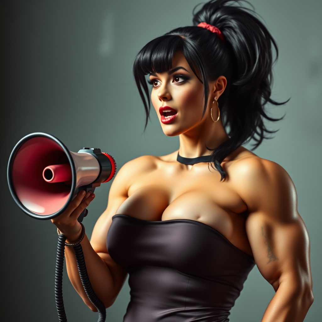 massive huge muscular jacked bodybuilder girl, strapless dress, speaking on megaphone