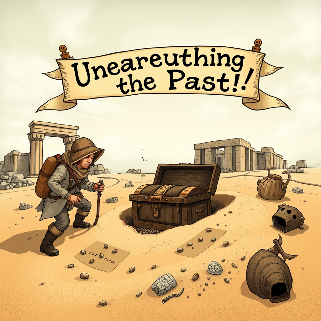 An imaginative scene depicting an archaeologist discovering a treasure chest buried in the sand, surrounded by ancient ruins, with a whimsical banner overhead reading, "Unearthing the Past!"