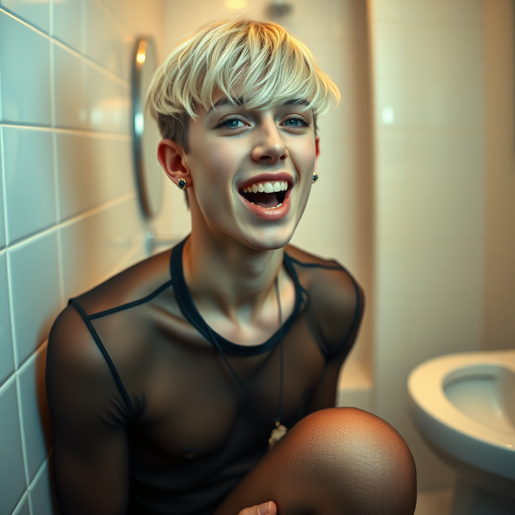 photorealistic, ultra high resolution, 16K, surreal fantasy, studio lighting, a pretty 16 year old goth boy, slim male physique, short blonde hair, goth makeup, earrings, pantyhose, white ballet shoes, in the bathroom, excited smile, facing the camera, drooling from his mouth