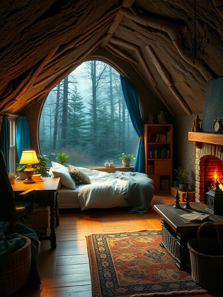 Cave Cabin: Dim lighting, wooden floor, green plants, cozy bedding, minimalist cave cabin, desk, blue curtains, vintage lamp, soft cushions, stone walls, exquisite ornaments, sunlight streaming in, warm fireplace, brown bookshelf, white bed sheets, black computer chair, forest outside the window, starry night sky, tranquil atmosphere, fresh air, smooth tabletop, thick carpet, handwoven basket, ancient maps, metal handles, small alarm clock, real, reality.