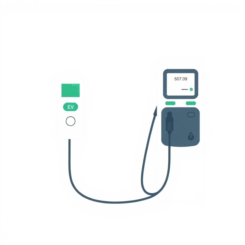 A simple illustration of a combined EV charger and gas pump device. The EV charger is on the left side of the image, and the gas pump is on the right side, with a visible border separating the two components in the middle. The overall design should have a clean, minimalist aesthetic.