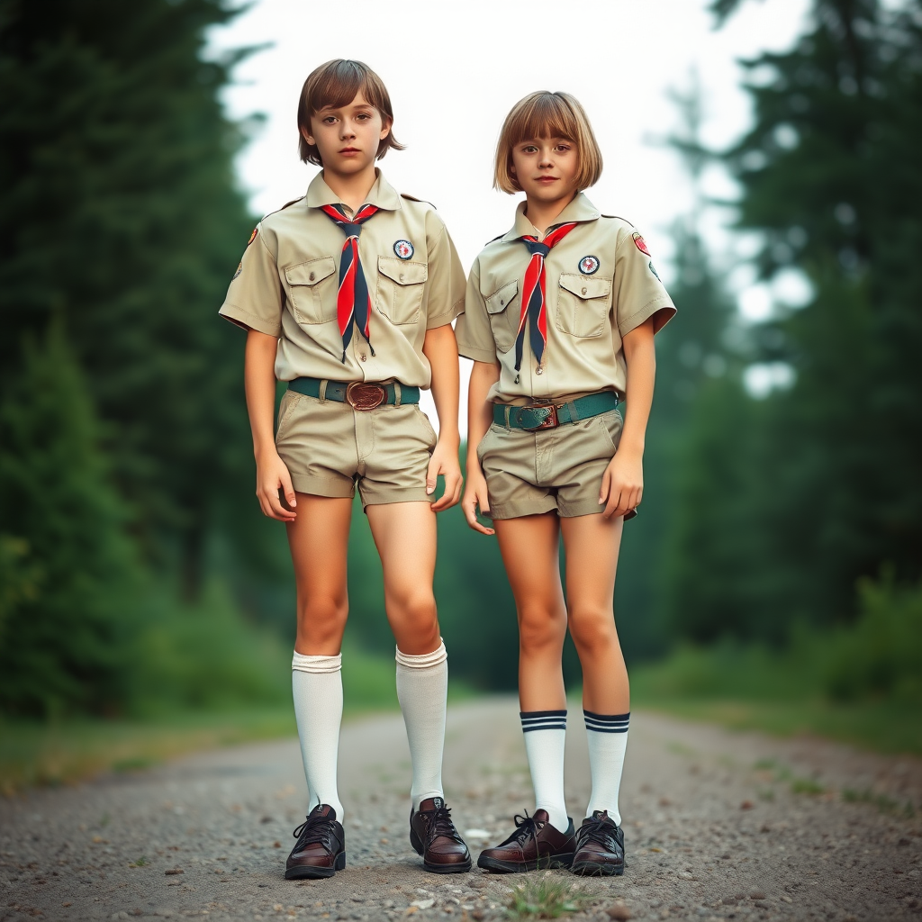 two tall 14yo teen boys, long hair bob cut, wearing American boy scout uniform with uniform matching very tight booty shorts, tube socks, shoes, long legs, narrow thighs, full-length view. 1980s. photorealistic, ultra high resolution, 16K, Negative: grainy, blurry, bad anatomy, extra limbs, watermark.