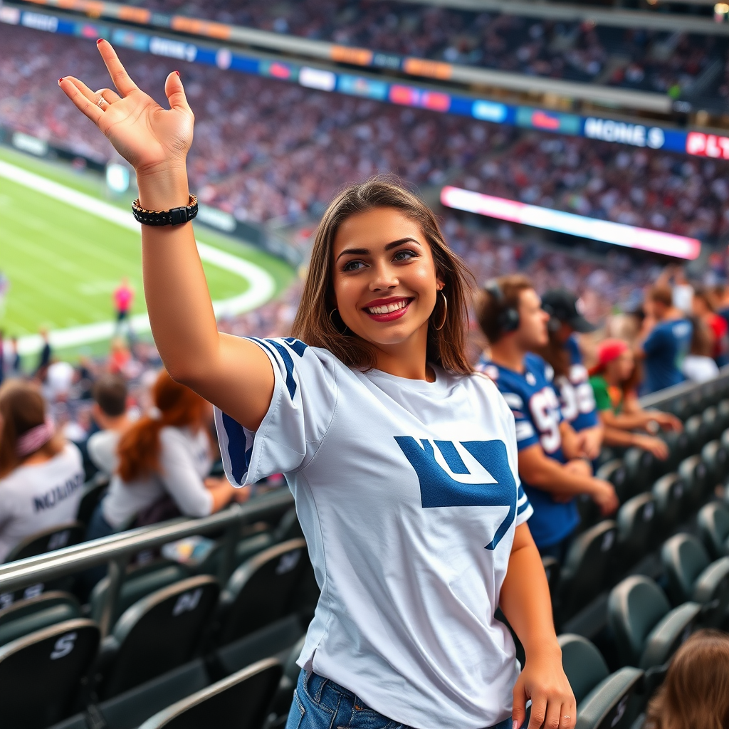 Attractive female NFL fangirl, stadium bleacher row, cheering at match