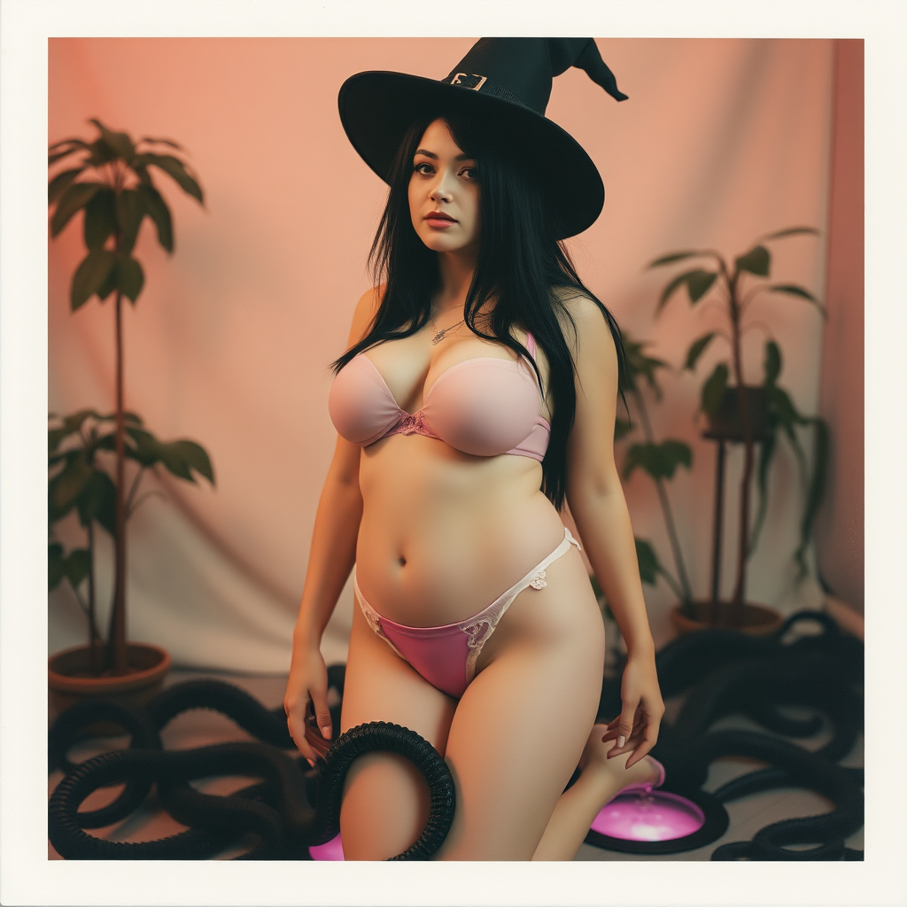 An old polaroid photo with a color tint to the photograph and visible light leaks. The photo depicts a sexy alt goth girl with pale skin and black hair. She has a plump booty. She has large breasts with ample cleavage and she is wearing a skimpy thong. The fabric of her thong is skimpy and pink and white and barely covers her and her bra is translucent and pink and white. She is in a photography studio with artistic lighting and plants are all around her. She is wearing a witch hat. She is restrained by black tentacles coming out of magic portals on the floor.