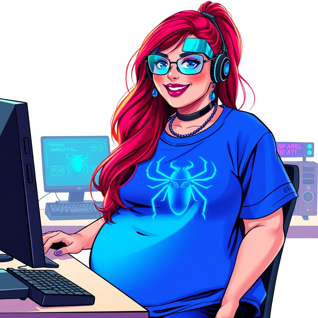 A cyberpunk vigilante’s full-figured intelligent and tech-savvy 29-year-old girlfriend, who is a computer hacker and tech genius. She has a long ruby red ponytail and bright blue eyes. She wears maximum blue lipstick, a sapphire beetle gemstone necklace, sapphire earrings, and an oversized maximum blue t-shirt featuring a neon blue glowing icon of a beetle on its chest. She has a full-figured physique with a prominent, gargantuan, round midsection, reflecting her well-cared-for lifestyle. She sports a sapphire headset with hi-tech maximum turquoise lensed HUD eyeglasses, and a beaming smile with a passionate bright red blush. Despite her figure and a lack of self-esteem, she radiates beauty. She has a slim face which contributes to her radiant beauty. She serves as his tech expert from his hideout, diligently working at her lab table and computer desk. The background is solid white. She is drawn as if she was in a retro 2D cyberpunk fighting game.