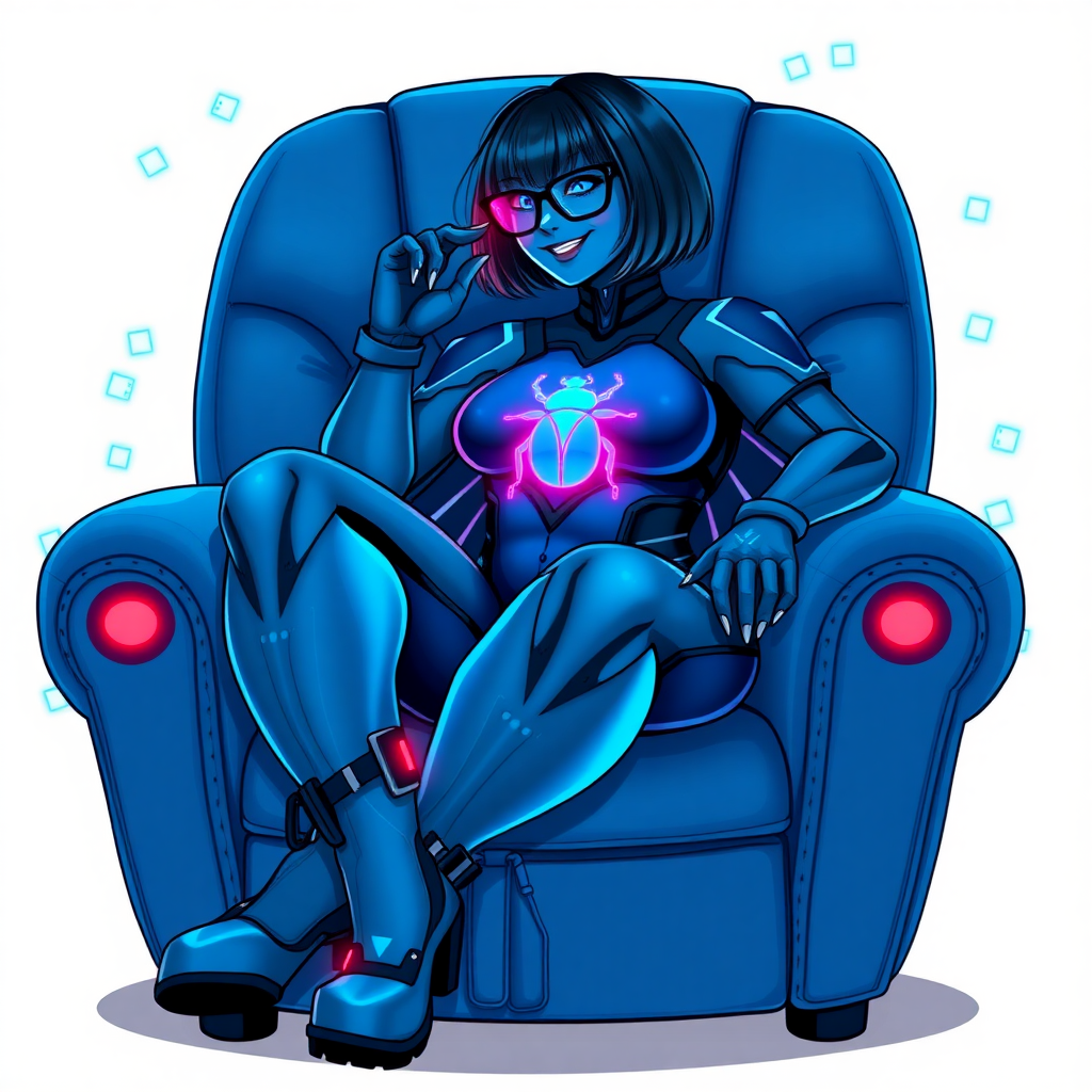 A heavily, extremely, and intensely pampered nerdy full-figured middle blue skinned digital sidekick, a 28-year-old computer major, has been transformed by her doting vigilante boyfriend. Her middle blue skin and bob cut seamlessly integrate with her data, and her neon blue eyes glow with intelligence. Her physique, now showcasing a gargantuan round midsection, massive limbs, and broad shoulders, contrasted by a slim face, clearly reflects her indulgence and pampering. Her full figure is prominently highlighted, with her prominent, gargantuan, rounded midsection and massive limbs emphasizing her pampered status. As the loyal and supportive sidekick, she plays a crucial role in their missions, using her digital prowess to assist and protect.

She wears a digital maximum blue bodysuit, featuring a neon blue glowing beetle chest icon, digital maximum blue boots, and matching high-tech gloves. She bashfully giggles with a neon red blush, emitting neon blue data cubes from her body. Her full figure, now gargantuan and heavily emphasized by her nerdy appearance, clearly shows how pampered she is. Her nerdiness is accentuated by her black oversized eyeglasses.

Her outfit, influenced by DC’s Jennifer Knight Phantom Lady, remains distinct. Adding to her pampering, she serves as his minicomputer, traveling in his high-tech wristwatch and supercar’s computer system. Using her ability to hack into computers and machines, she relays crucial knowledge relating to his missions.

In her new pose, she sits comfortably on a plush, high-tech maximum blue chair with one leg crossed over the other, her oversized glasses slightly askew as she adjusts them with a bashful smile. Her relaxed posture and content expression, combined with the glowing data cubes around her, clearly reflect her status as a heavily pampered, nerdy digital sidekick. Her prominent, gargantuan, rounded midsection and massive limbs are prominently displayed, emphasizing her indulgence and pampering while maintaining her nerdy physique. She is on a solid white background. She is drawn as if she was in a retro 2D cyberpunk fighting game.