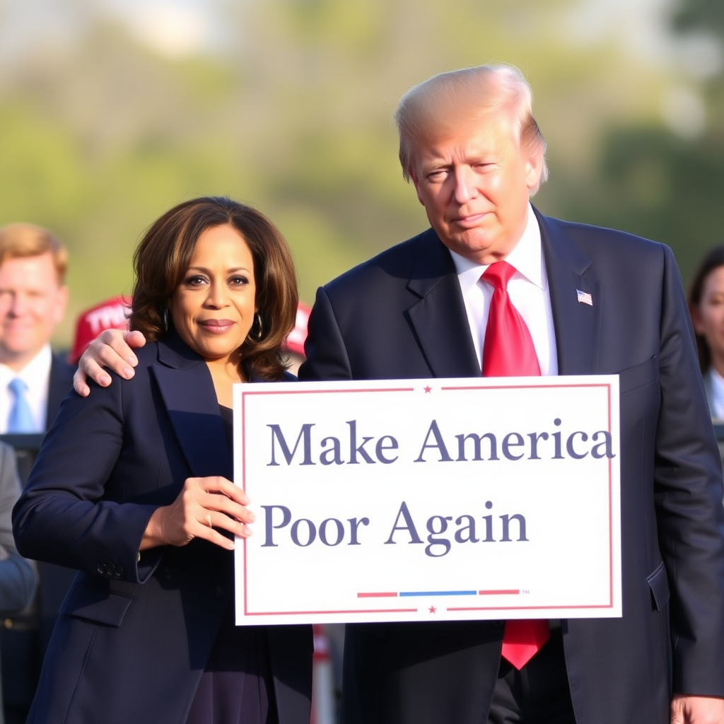 Kamala Harris and Donald Trump together holding a sign with text "Make America Poor Again."