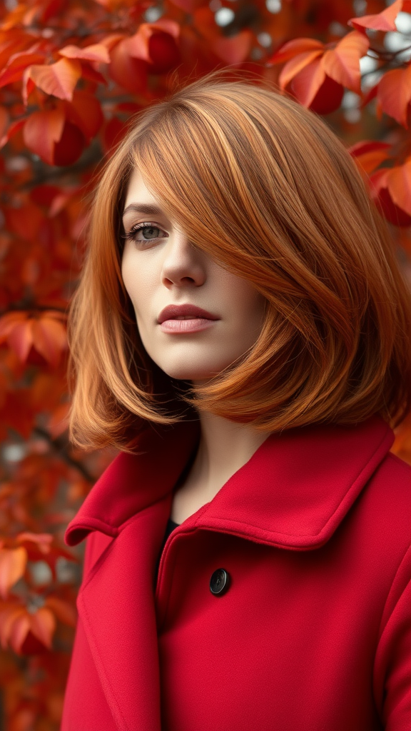 Kate Moss with a voluminous bob hairstyle, orange-red color, against a background of autumn horse chestnut foliage, in high definition.