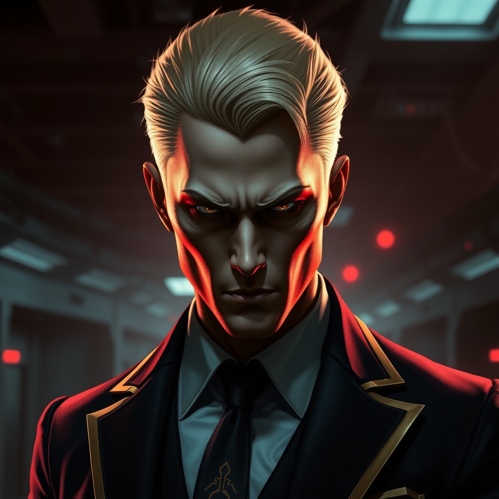 a dark and intense portrayal of the character Jackal from the Red Rising series. He is a cold, calculating figure with sharp features, and a cruel, piercing gaze. His left arm ends at the elbow. His blonde hair is neatly styled, adding to his sense of control and menace. His pupils are gold colored. Jackal should be dressed in sleek, futuristic formal attire accented with gold trim, hinting at his high status in the Gold society. The background should be an industrial scifi, futuristic setting, with dim, metallic tones and glowing red lights, symbolizing the dystopian world he manipulates. His expression should convey both intelligence and ruthlessness, and his body language should exude authority, as if he is always planning his next move. he is 19 years old