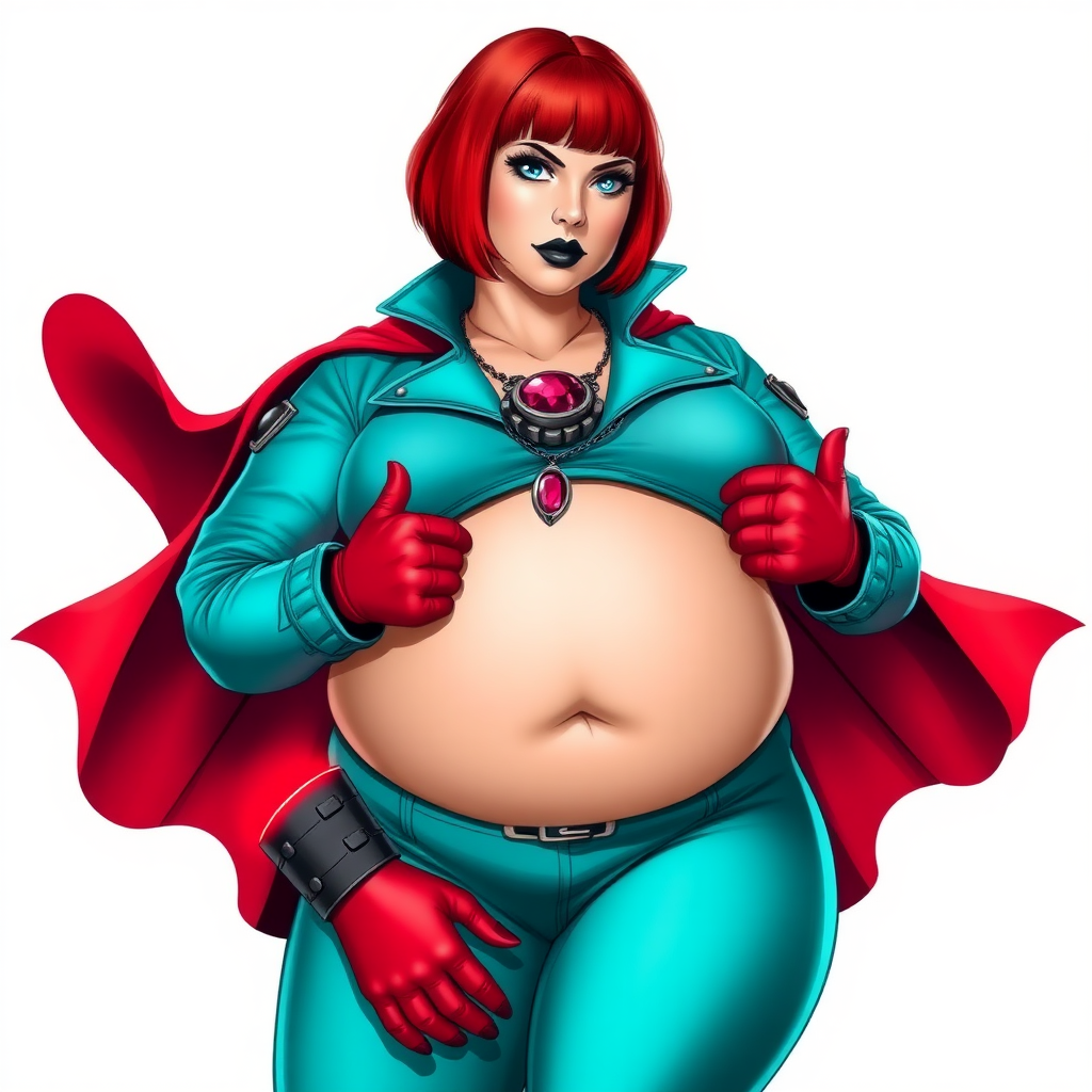 A 26-year-old, full-figured, mystical vigilante detective becomes the heavily pampered mystical ally of her cyberpunk vigilante older brother figure. She has a bright red bob cut, black lipstick, and piercing bright blue eyes. She has a new non-athletic build, now highlighted by a prominent, round, gargantuan midsection (with full emphasis on her gargantuan belly), which shows the aftermath of her new pampered lifestyle. Despite her pampered physique, she shows full confidence. She wears a biker suit consisting of a huge, magical, tight-fitting, maximum turquoise biker shirt (accentuating and emphasizing her gargantuan belly) maximum turquoise biker pants, complemented by a glowing neon red cape, a mystical ruby amulet (which is the source of her mystical powers), and magical red gloves glowing neon red. Her stance is firm and resolute, arms crossed, exuding a no-nonsense attitude. Her costume reflects the influence of DC New 52 Prime Earth’s Phantom Lady, Jennifer Knight, while her pose embodies the moral ambiguity and determination reminiscent of DC’s Pax Americana’s The Question. She is on a solid white background. She is drawn as if she was in a retro 2D cyberpunk fighting game. She is clearly non-athletic, with a focus on her full-figured physique. Make sure that her biker suit covers all of her bare skin (especially her gargantuan midsection).