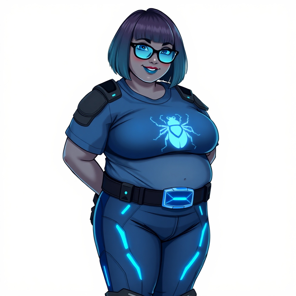 A 28-year-old, full-figured, middle gray (N5) skinned computer program hybrid with a maximum blue bob cut. She has a full-figured, non-athletic build, highlighted by a prominent, round, large midsection (with full emphasis on her large belly), which shows the effects of her new love of junk food acquired from her boyfriend. As the full-figured, nerdy, digital sidekick to her cyberpunk vigilante boyfriend, her metallic middle gray (N5) skin and maximum blue lipstick emphasize her digital nature. She wears a digital, computerized costume, consisting of a huge, tight-fitting, maximum blue t-shirt with a neon blue glowing chest icon of a beetle, hi-tech shoulder pads with neon blue accents, a black hi-tech belt with a maximum blue beetle digital buckle, digital maximum blue biker pants with neon blue accents, and black hi-tech biker gloves with neon blue glowing accents. Her neon blue glowing eyes, black eyeglasses with neon blue lenses equipped with a built-in HUD, and bashful smile with neon red blush accentuate her nerdiness. She stands bashfully with one hand behind her back and the other hand gently touching her cheek, her costume covering all her skin (including her large midsection) and heavily emphasizing her full-figured physique (especially her large belly). She is clearly non-athletic, with a full focus on her full-figured physique. Despite her full-figured build, she radiates beauty. She has a slim face compared to her physique, accentuating her radiant beauty. She is on a solid white background. She is drawn as if she were in a retro 2D cyberpunk fighting game. Ensure she has a metallic middle gray (N5) skin coloration.