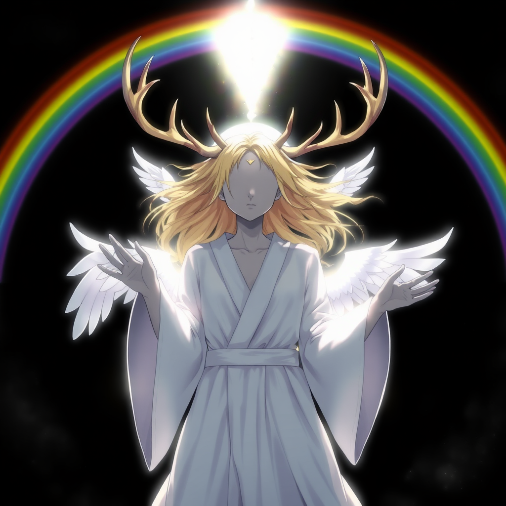 (Anime Style-art) Black background with rainbow-barrier broken, a female faceless, grey-skinned, golden-haired woman covered in pure white light, 2 deer antlers, 2 angel wings, glowing-white robes, hands out, floating mid-air, looking at viewer