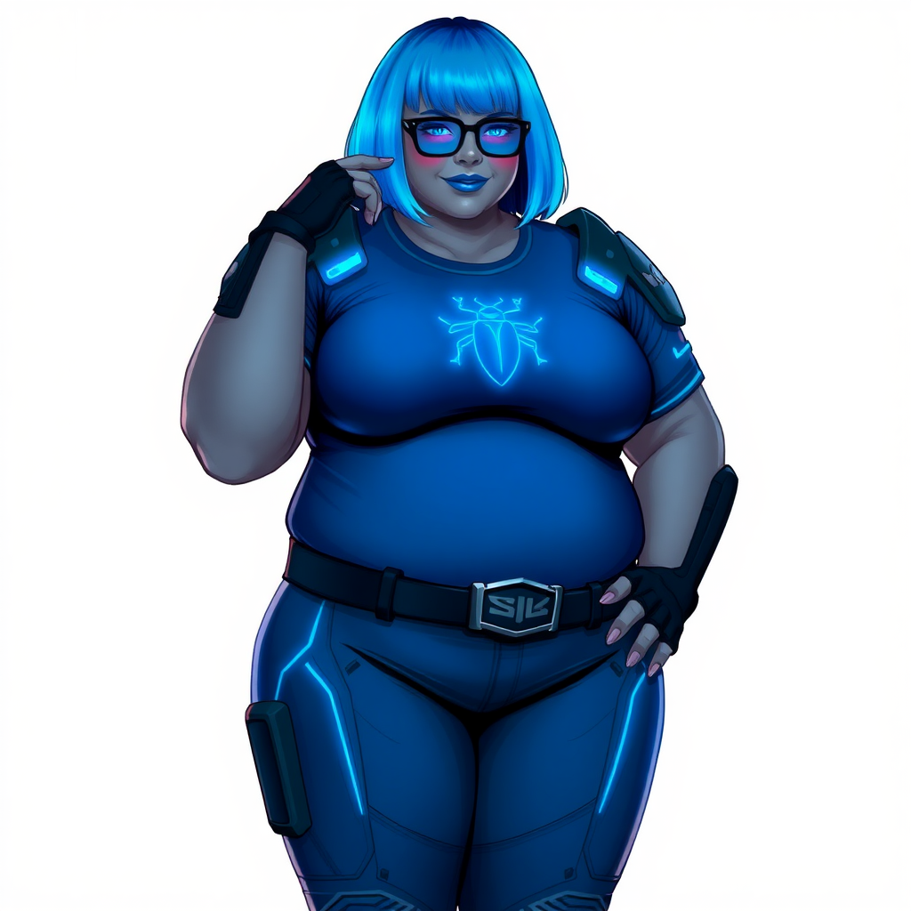 A 28-year-old, full-figured, middle gray skinned computer program hybrid with a maximum blue bob cut. She has a non-athletic build, highlighted by a prominent, round, large midsection (with emphasis on her belly), which shows the aftermath of her pampering. As the heavily pampered digital sidekick to her cyberpunk vigilante boyfriend, her middle gray metallic skin and maximum blue lipstick emphasize her digital nature. She wears a digital, computerized costume inspired by DC’s Carrie Kelly Robin, consisting of a huge, tight-fitting, maximum blue t-shirt with a neon blue glowing chest icon of a beetle, hi-tech shoulder pads with neon blue accents, a black hi-tech belt with a digital neon blue glowing buckle, digital maximum blue biker pants with neon blue accents, and black hi-tech fingerless biker gloves with neon blue glowing accents. Her neon blue glowing eyes, black eyeglasses with a neon blue glowing HUD built into the lenses, and shy smile with neon red blush accentuate her nerdiness. She stands bashfully with one hand behind her back and the other hand gently touching her cheek, her costume covering all her skin and emphasizing her full-figured physique (especially her belly). She is clearly non-athletic, with a focus on her full-figured physique. Despite her build, she radiates beauty. She has a slim face compared to her physique, accentuating her radiant beauty. She is on a solid white background. She is drawn as if she were in a retro 2D cyberpunk fighting game.